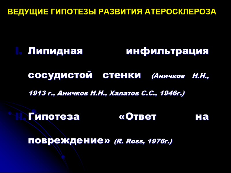 ВЕДУЩИЕ ГИПОТЕЗЫ РАЗВИТИЯ АТЕРОСКЛЕРОЗА Липидная инфильтрация сосудистой стенки (Аничков Н.Н., 1913 г., Аничков Н.Н.,